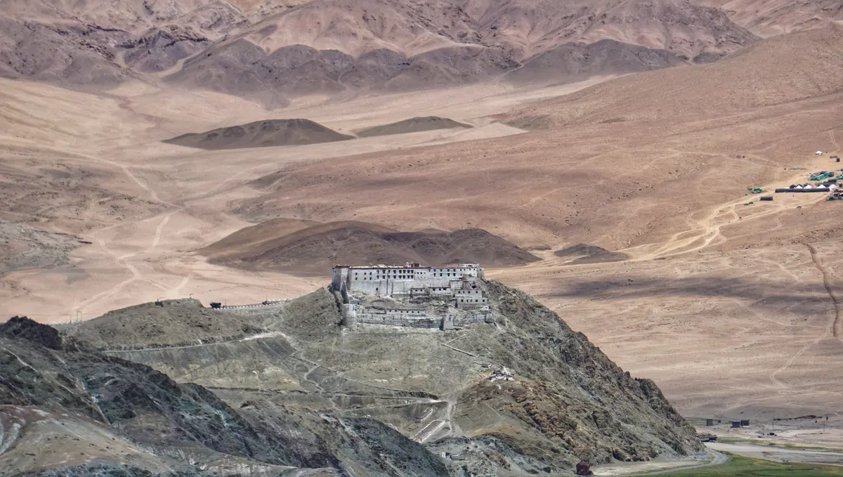 Hanle Monastery on a hilltop above a wide valley