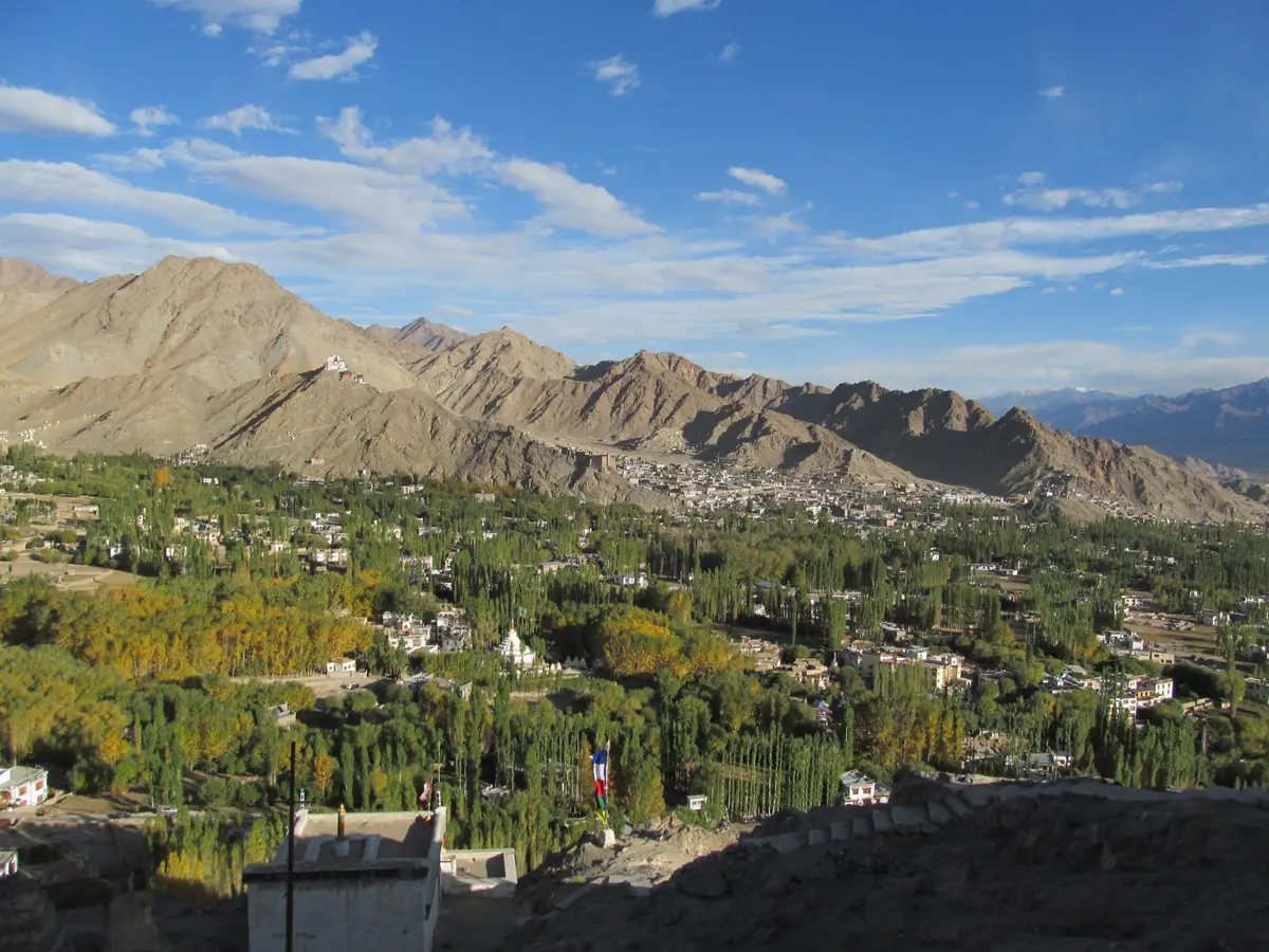 Leh town spread across the valley seen from Shanti Stupa