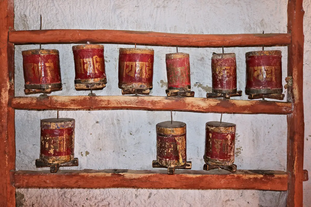 A row of prayer wheels at Likir monastery
