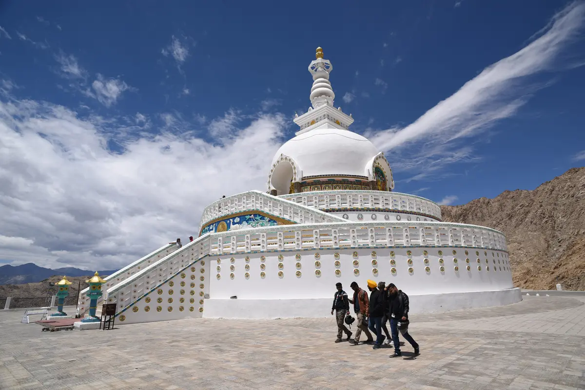 Visitors walking at Shanti Stupa in Leh