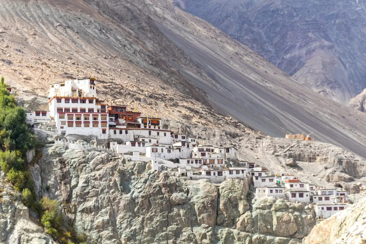 Diskit Monastery buildings on a rocky hillside above the Nubra Valley