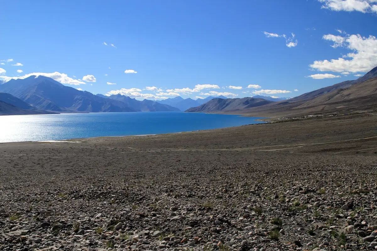 The shore of Pangong Lake near Lukung with mountains beyond