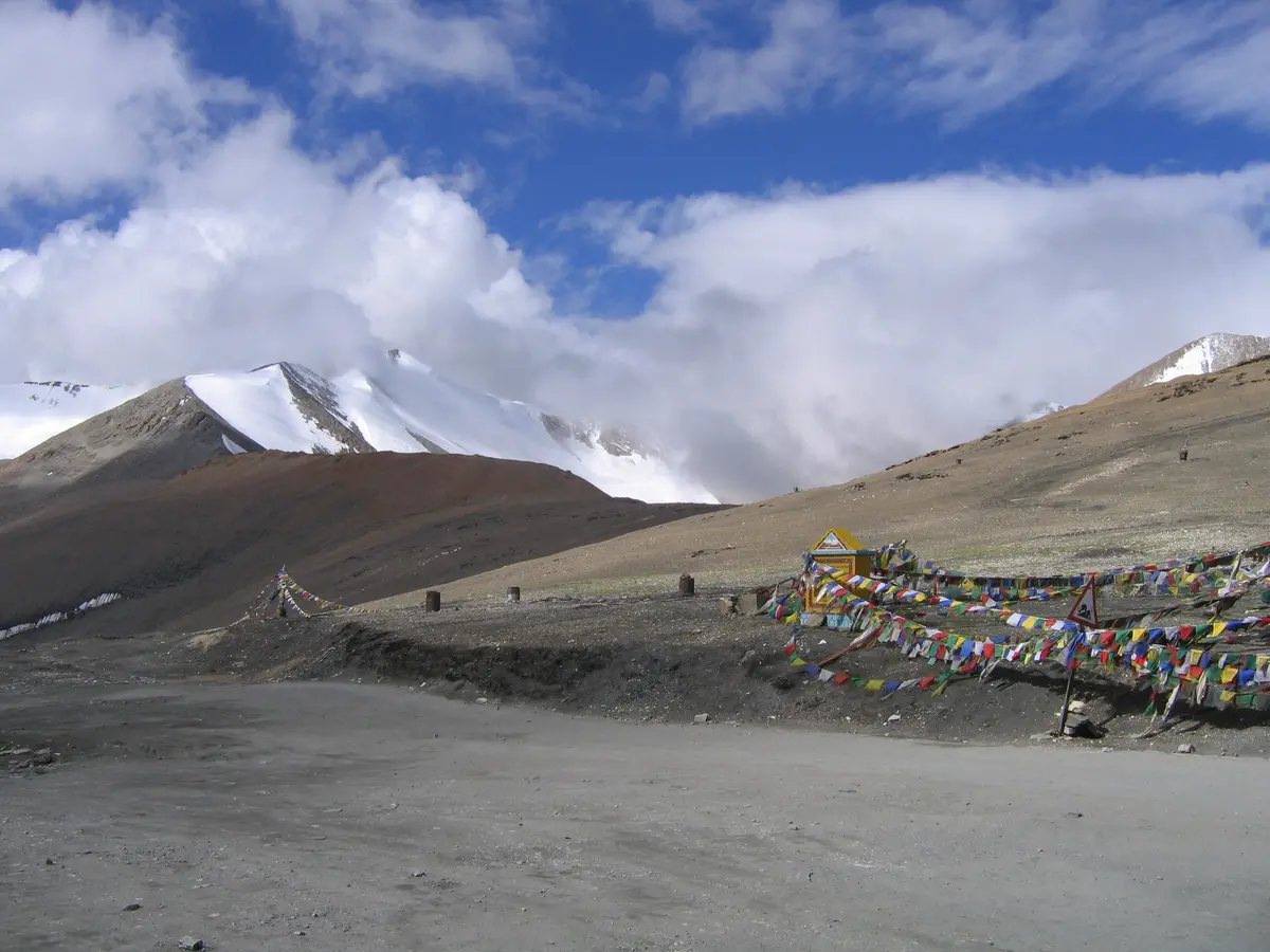 Prayer flags and snow-capped peaks at Tanglang La